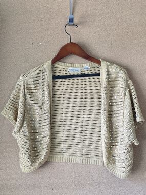 Extra Touch Beige Open-Knit Short Sleeve Cropped Sweater Cardigan 2X Sequins